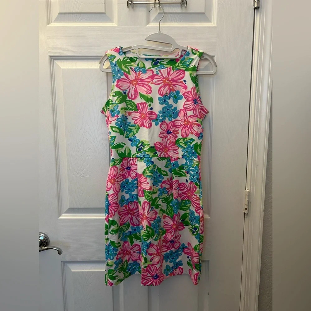 Mahi Gold Callie Dress Happy Hibiscus Tropical Floral Stretch Beachy Spandex s